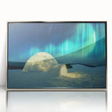 Acrylic print of a serene Finnish landscape in muted blue and green tones, framed in silver.