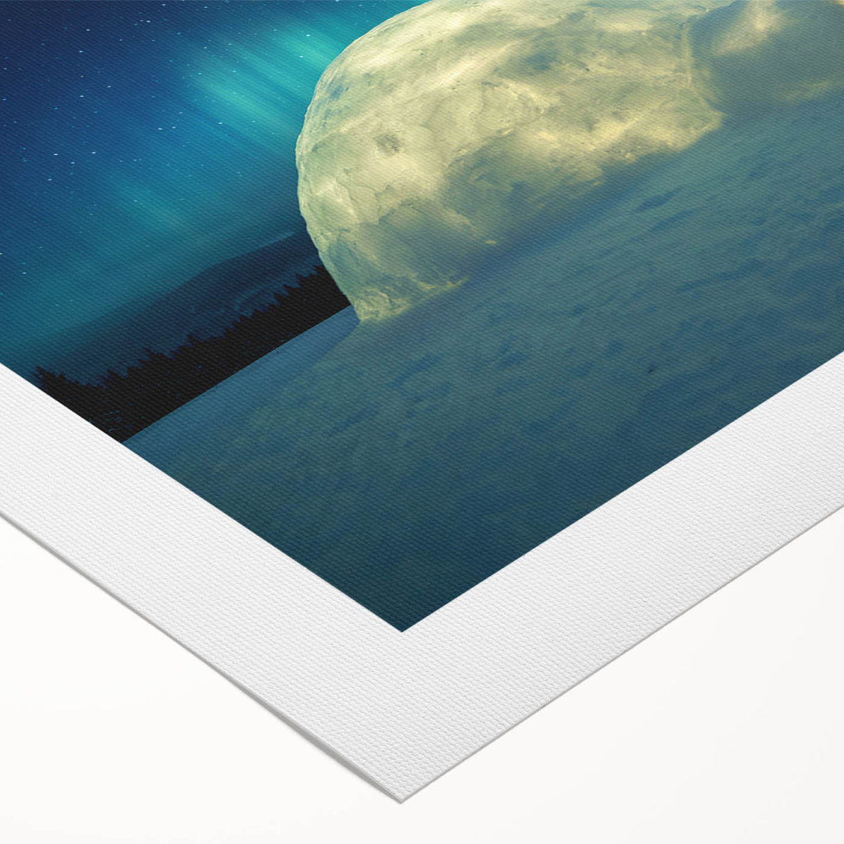 Art Deco poster of a serene Finnish landscape on rolled canvas, featuring cool blue and green tones.