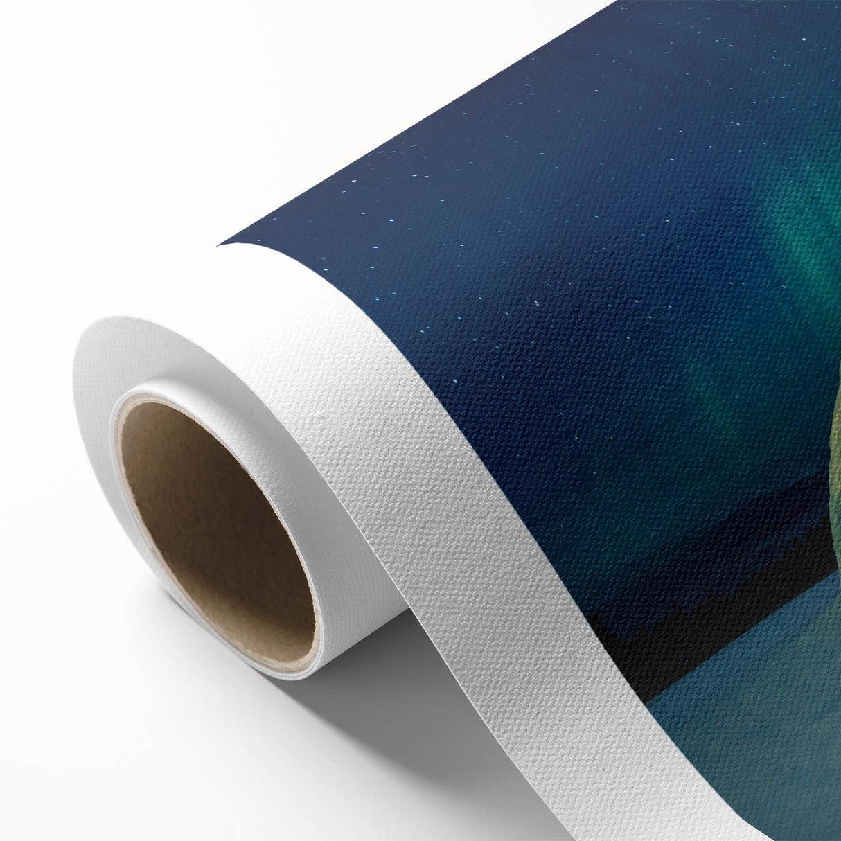 Art deco poster of a serene Finnish landscape on rolled canvas, featuring cool blue and green tones.