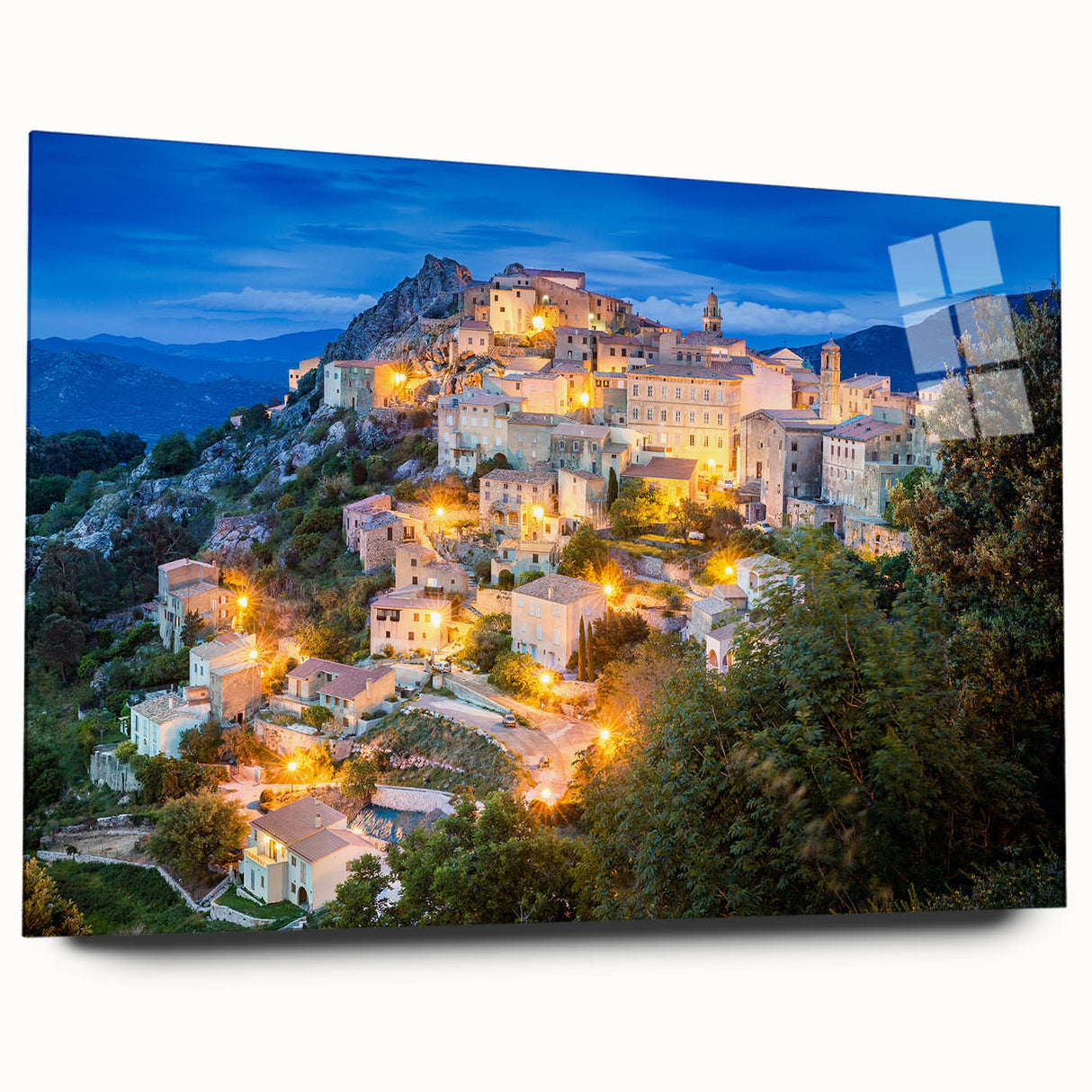 Large abstract wall art of Corsican scenery on acrylic glass, in muted earth tones, ideal for bedroom or dining room decor.