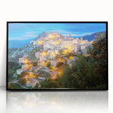 Large abstract wall art depicting a Corsican landscape in muted earth tones on a framed acrylic panel.