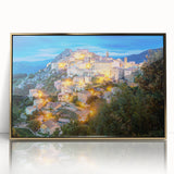 Art deco poster of a Corsican landscape, featuring muted earth tones, framed in gold acrylic.