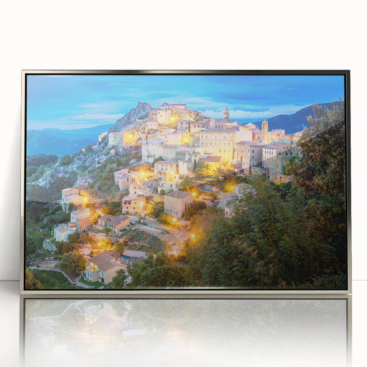 Large acrylic print of a Corsican landscape in mid-century modernist style with muted earth tones.