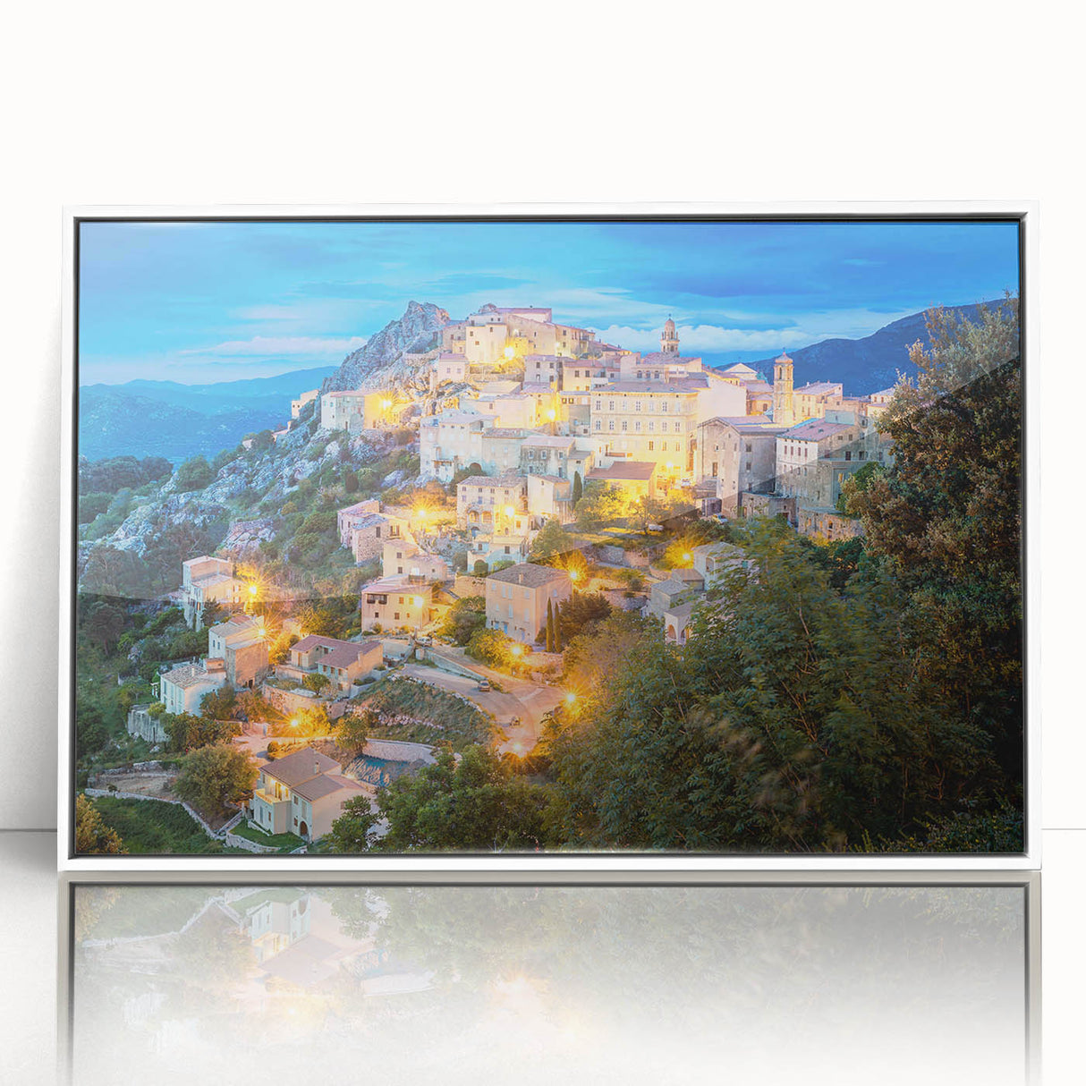 Mid-century modernist art depicting a serene Corsican landscape in muted greens and blues, framed acrylic.