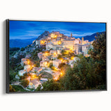 Black and white framed canvas of a Corsican landscape, featuring vintage poster art style, ideal for bedroom decor.