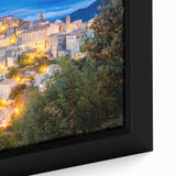 Extra large framed canvas featuring a textured Corsican landscape in black with colorful accents.