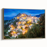 Framed canvas featuring a vintage-style landscape painting of Corsica with muted earth tones, ideal for bedroom wall art.