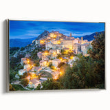 Framed canvas landscape art painting of Corsican scenery, featuring vibrant colors and a vintage poster style.