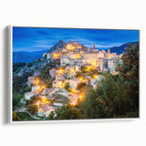Vintage poster art of a scenic Corsican landscape in vibrant colors on a large framed canvas, ideal for living room decor.