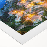 Art deco poster of a scenic Corsican landscape on rolled canvas, featuring muted earth tones, ideal for dining room wall art.