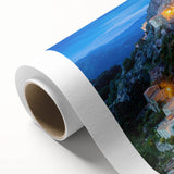 Art Deco-style poster of Corsican landscape in soft pastel colors on rolled canvas, ideal for nursery wall art.