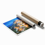 Extra large rolled print of a Corsican landscape with vivid floral elements, ideal for classy bathroom wall art.