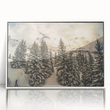 Mid-century modernist art depicting the French Alps in muted earth tones on a framed acrylic, ideal for nursery wall art.