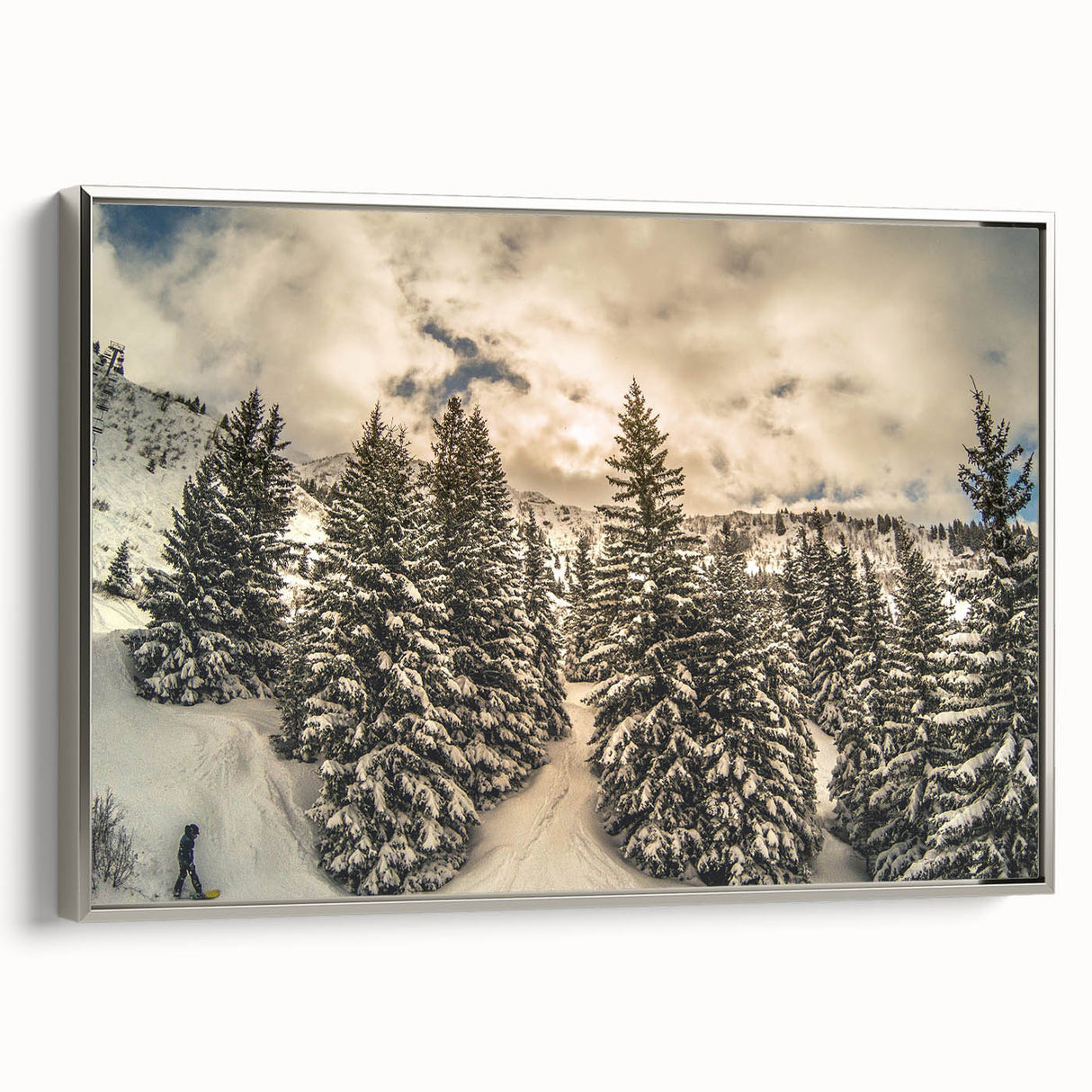 Landscape art painting of the French Alps in vibrant colors on framed canvas, suitable for living room decor.