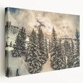 French Alps landscape on large stretched canvas, featuring muted green and blue tones, ideal for kitchen wall art.