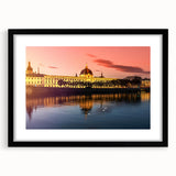 Extra large framed abstract art print depicting a colorful, textured scene of Lyon, France, ideal for living room decor.