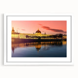 Textured abstract art print of Lyon scenery in muted earth tones on a white framed mat, ideal for bedroom decor.