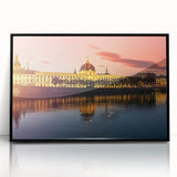 Large abstract wall art depicting a stylized Lyon cityscape in muted gray and blue tones on a framed acrylic panel.