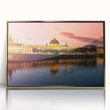 Art Deco-style poster of Lyon, France, in muted gold and blue tones, acrylic framed, suitable for modern art wall decor.