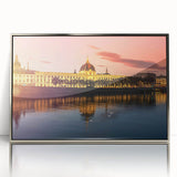 Large acrylic print of Lyon cityscape in silver frame, featuring mid-century modernist style.