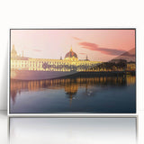 Mid-century modernist art of Lyon, France in acrylic with white frame, showing muted earth tones, ideal for nursery wall art.