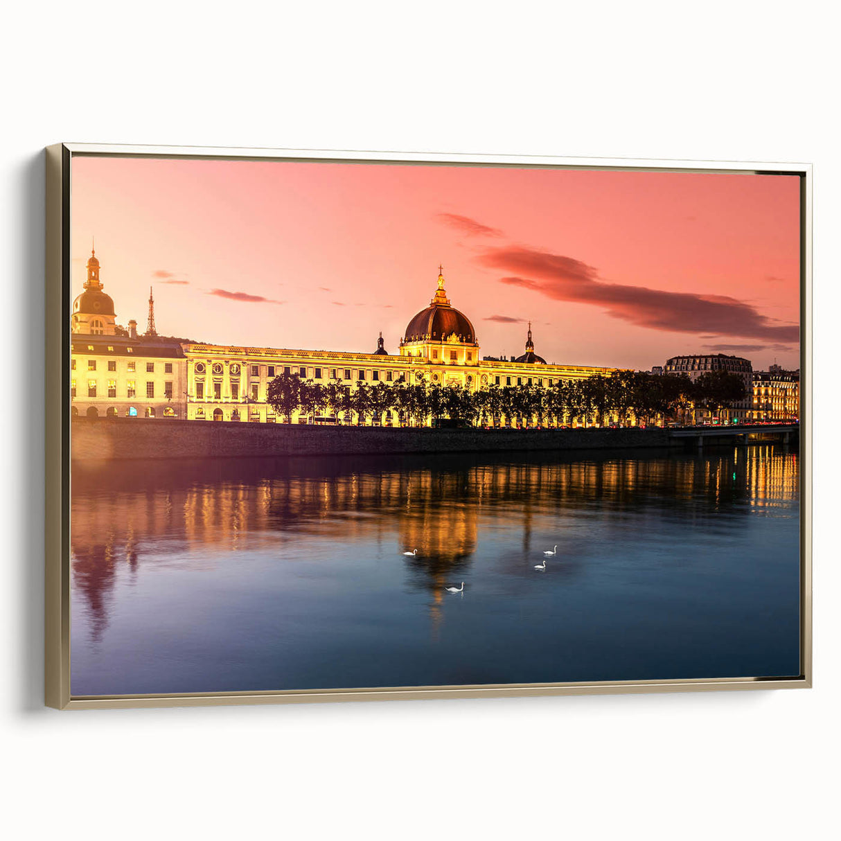 Framed canvas of a vintage Lyon landscape in muted gold and black tones, ideal for bedroom wall art.