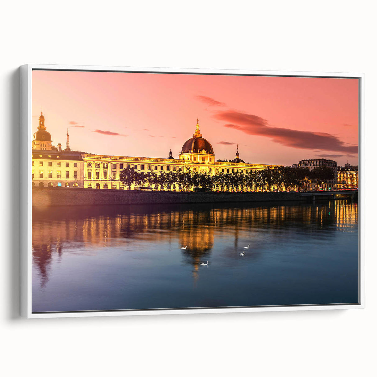 Vintage poster art of Lyon, France in vibrant colors on a large framed canvas, suitable for living room decor.