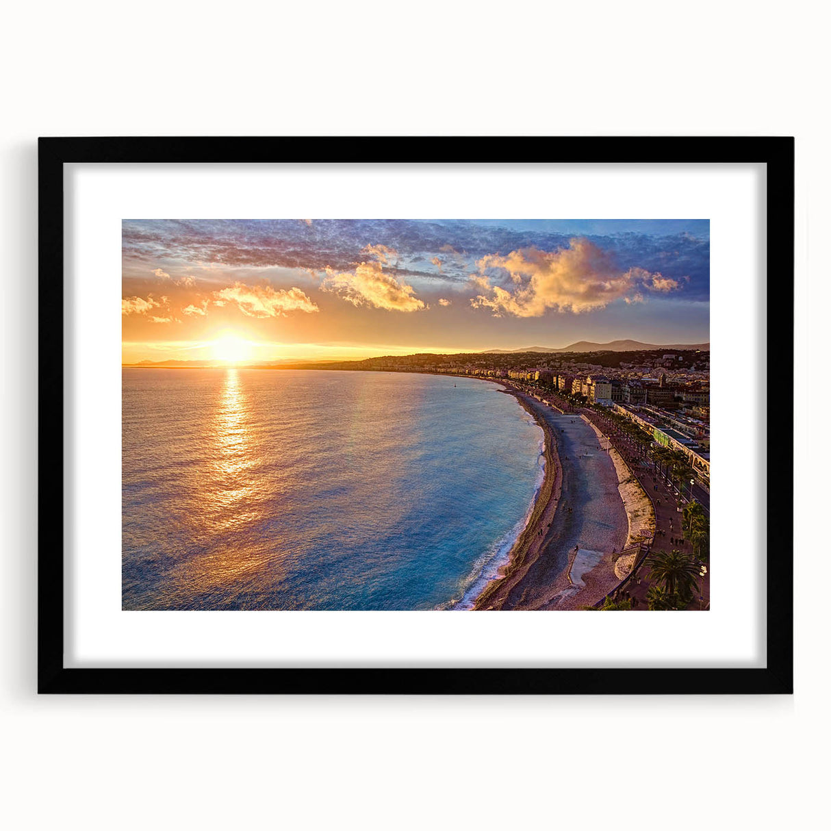 Colorful abstract art print of a European scenery, in muted tones on a textured canvas, framed in black.