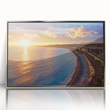 Mid-century modernist art of Nice, France scenery in muted blue and silver tones on framed acrylic.