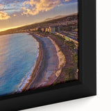 Extra large framed canvas depicting a textured black scenery of Nice, France with colorful art accents.