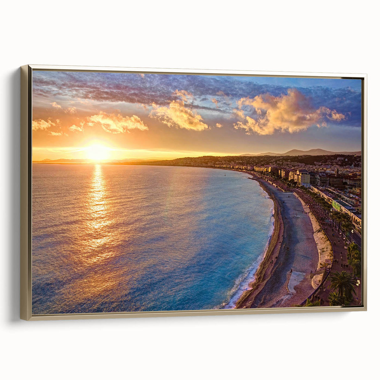 Framed canvas of a vintage-style landscape painting depicting Nice, France, with muted gold and black tones.