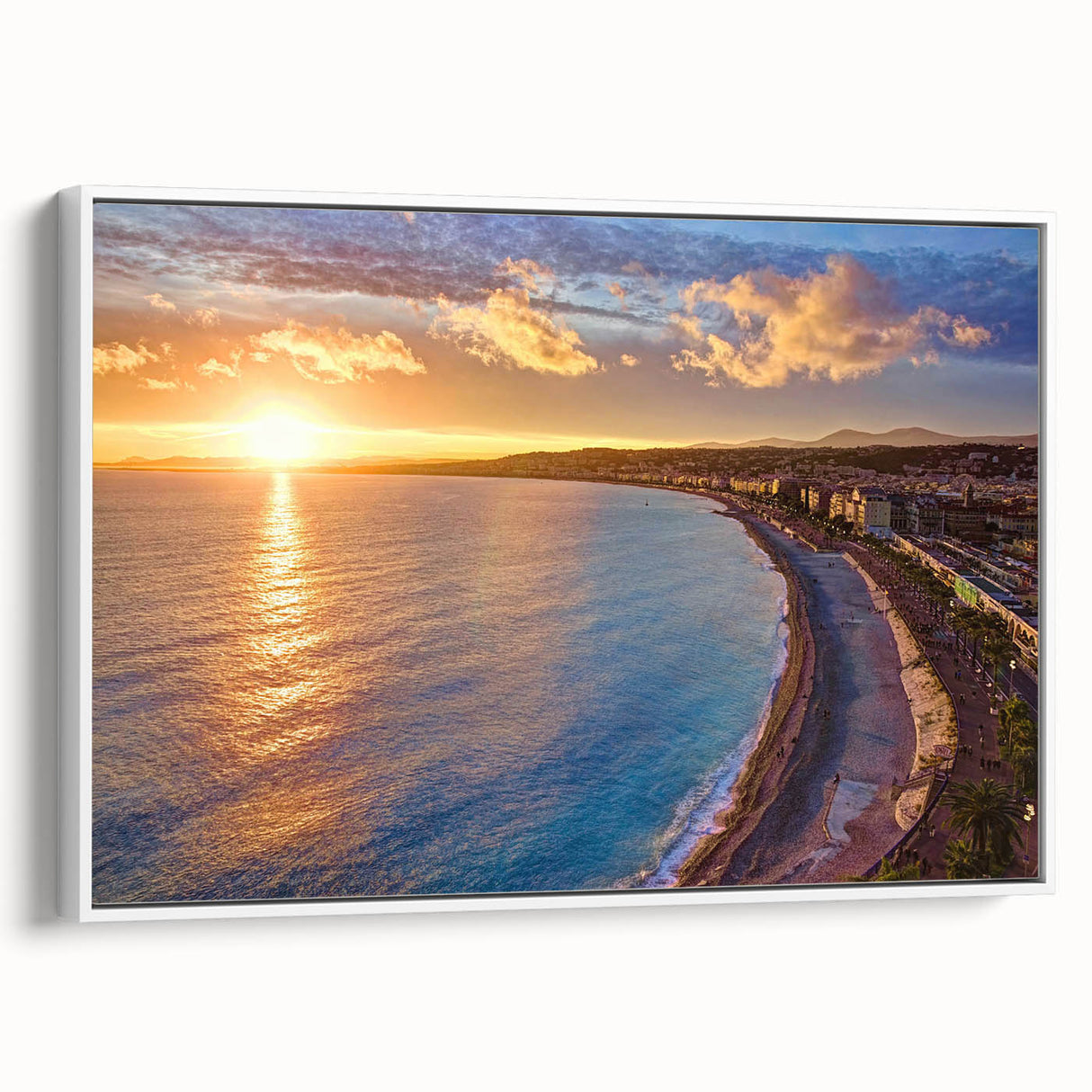 Vintage poster art of Nice, France, in vibrant colors on extra large framed canvas, suitable for living room decor.