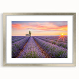 Extra large abstract art print depicting a textured Provence scenery in muted earth tones, framed in silver.