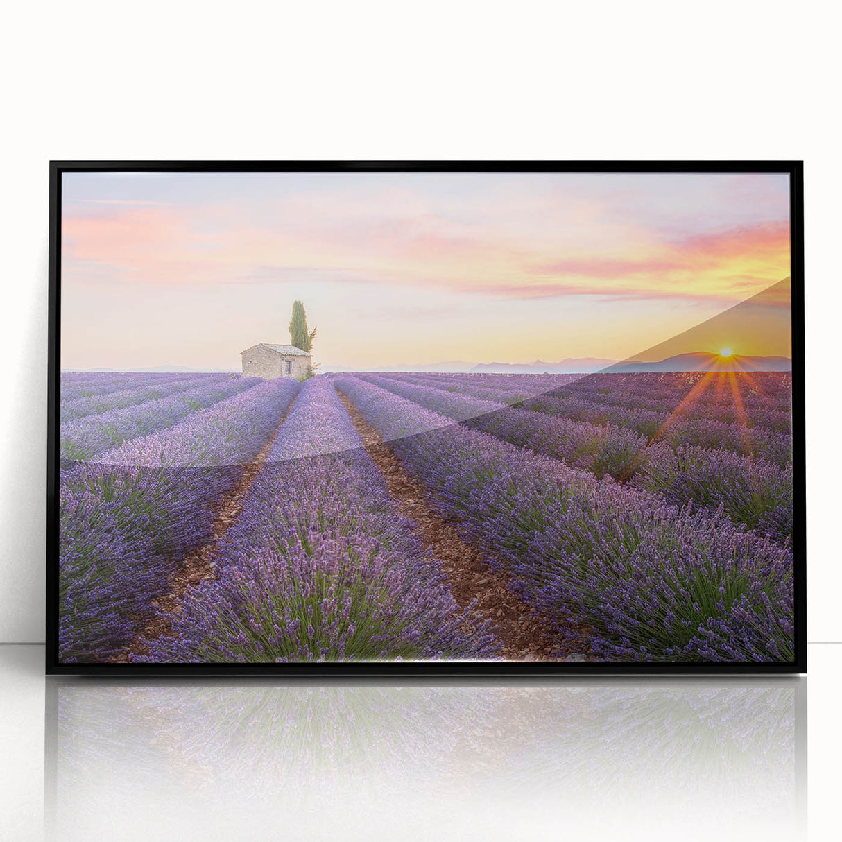Large abstract wall art depicting a vibrant Provence landscape in mid-century modernist style, framed in black acrylic.