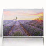 Mid-century modernist art depicting a serene Provence landscape in muted earth tones, acrylic print framed in white.