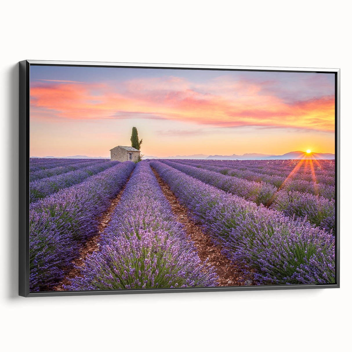 Black and white framed canvas featuring a vintage-style landscape painting of Provence, ideal for bedroom wall decor.