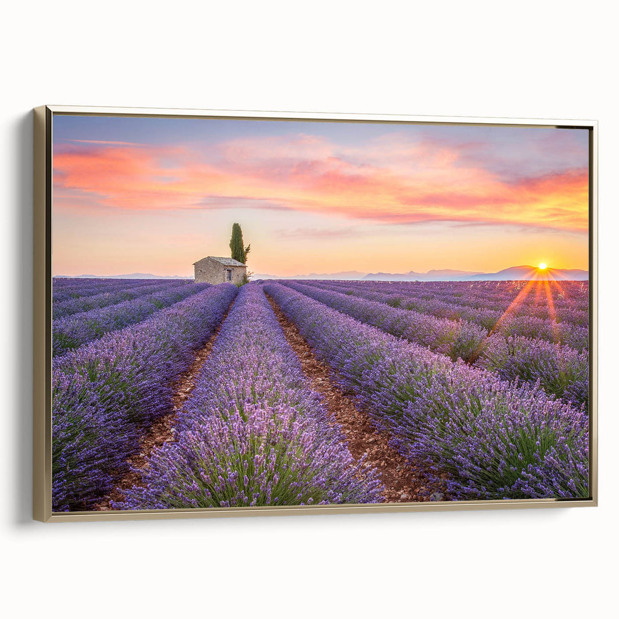 Framed canvas depicting a vintage-style landscape of Provence, France, in muted earth tones, ideal for bedroom wall art.