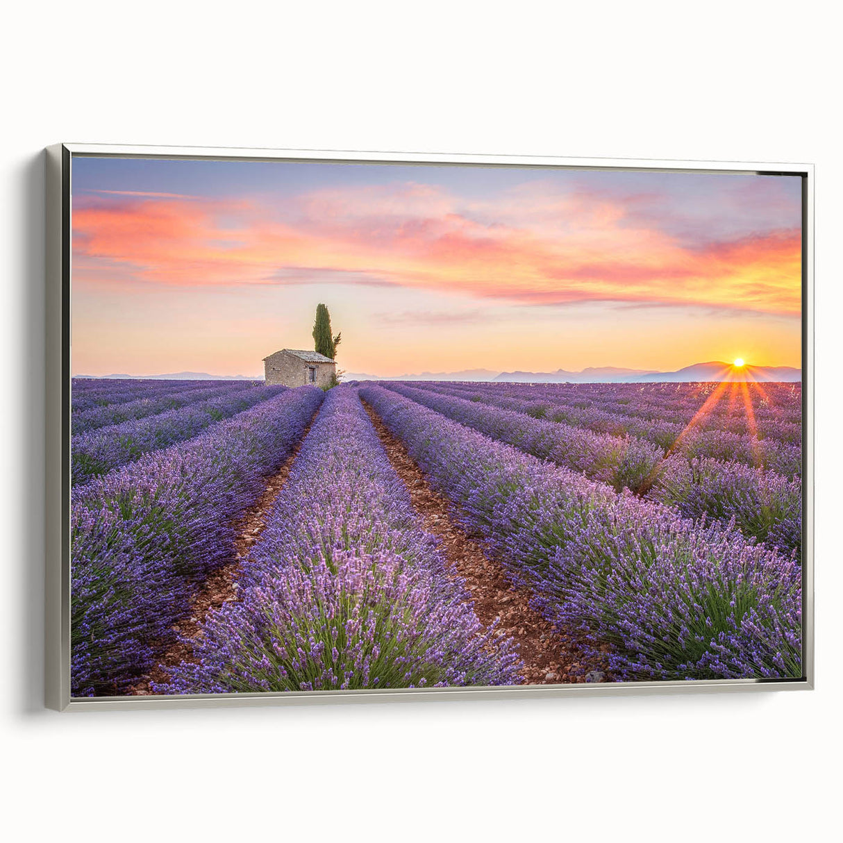 Landscape art painting of a Provencal village with vibrant colors on framed canvas, suitable for living room decor.