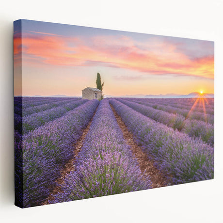 Provence, France landscape on large stretched canvas with vivid green and lavender fields, ideal for kitchen wall art.