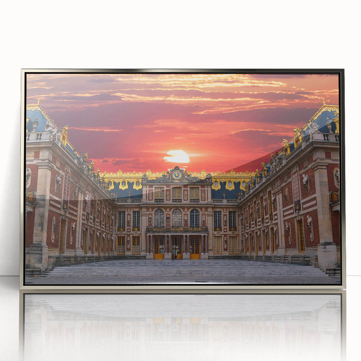 Large art print of Versailles scenery in silver-framed acrylic, featuring mid-century modernist style.