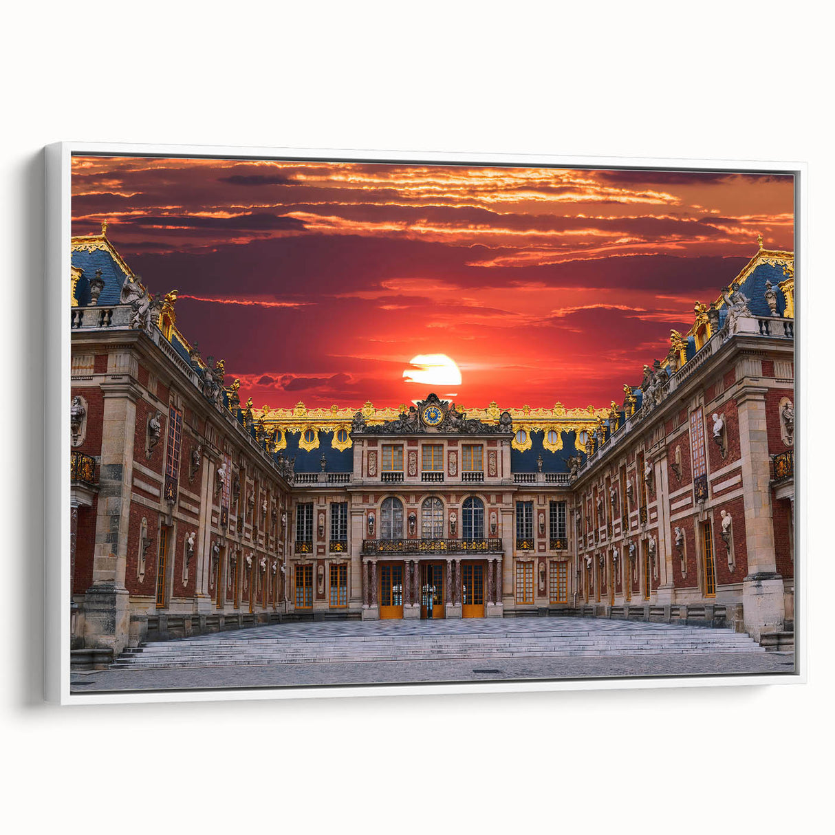 Vintage poster art of Versailles with colorful imagery on extra large framed canvas, ideal for living room decor.