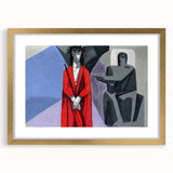 Abstract art print depicting a Bavarian landscape in muted earth tones, framed in gold, suitable for dining room decor.