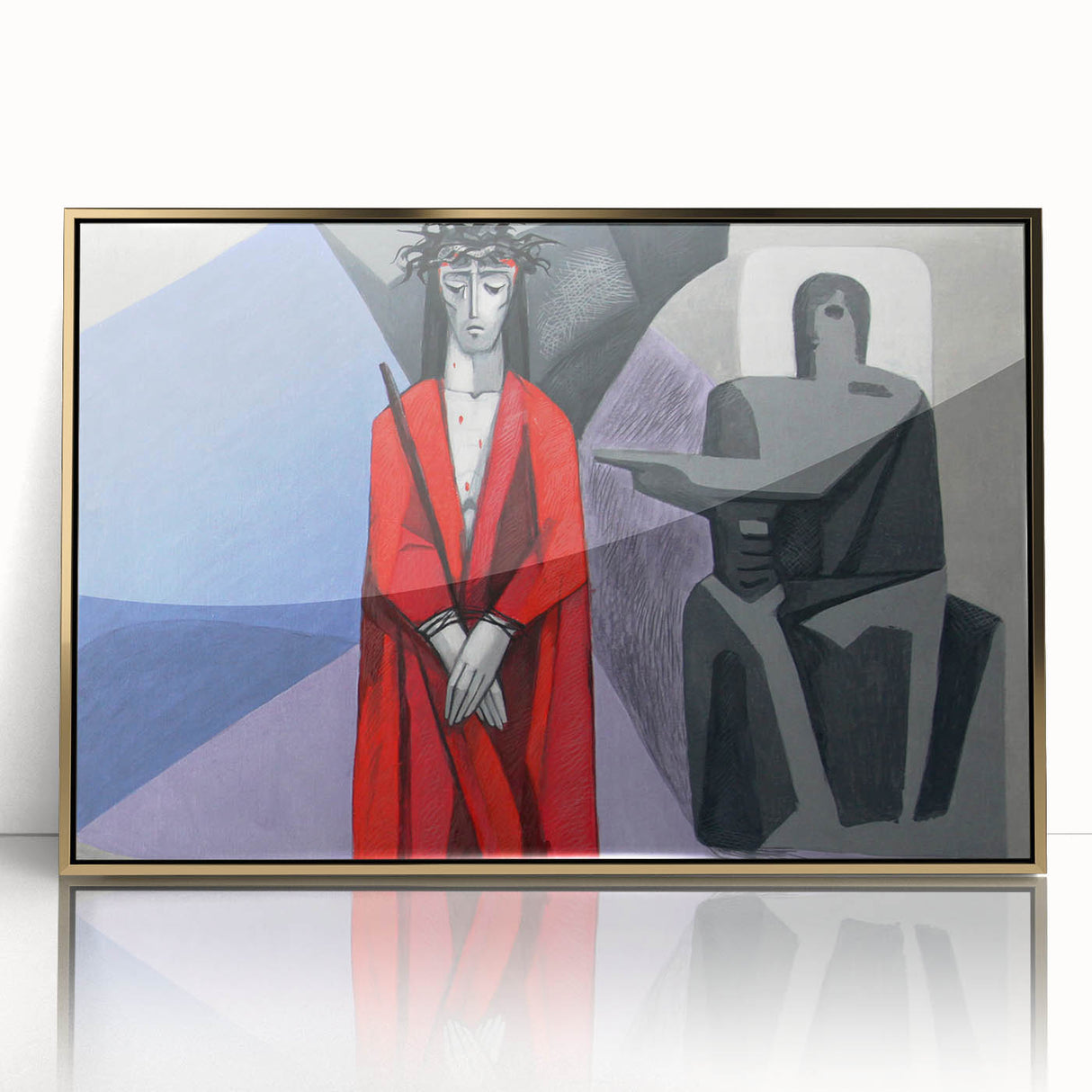 Art deco poster depicting a scenic Bavarian landscape in muted earth tones on a gold-framed acrylic.