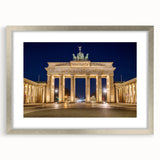 Textured art print of an abstract Berlin cityscape in muted gray and blue tones on a framed silver mat.