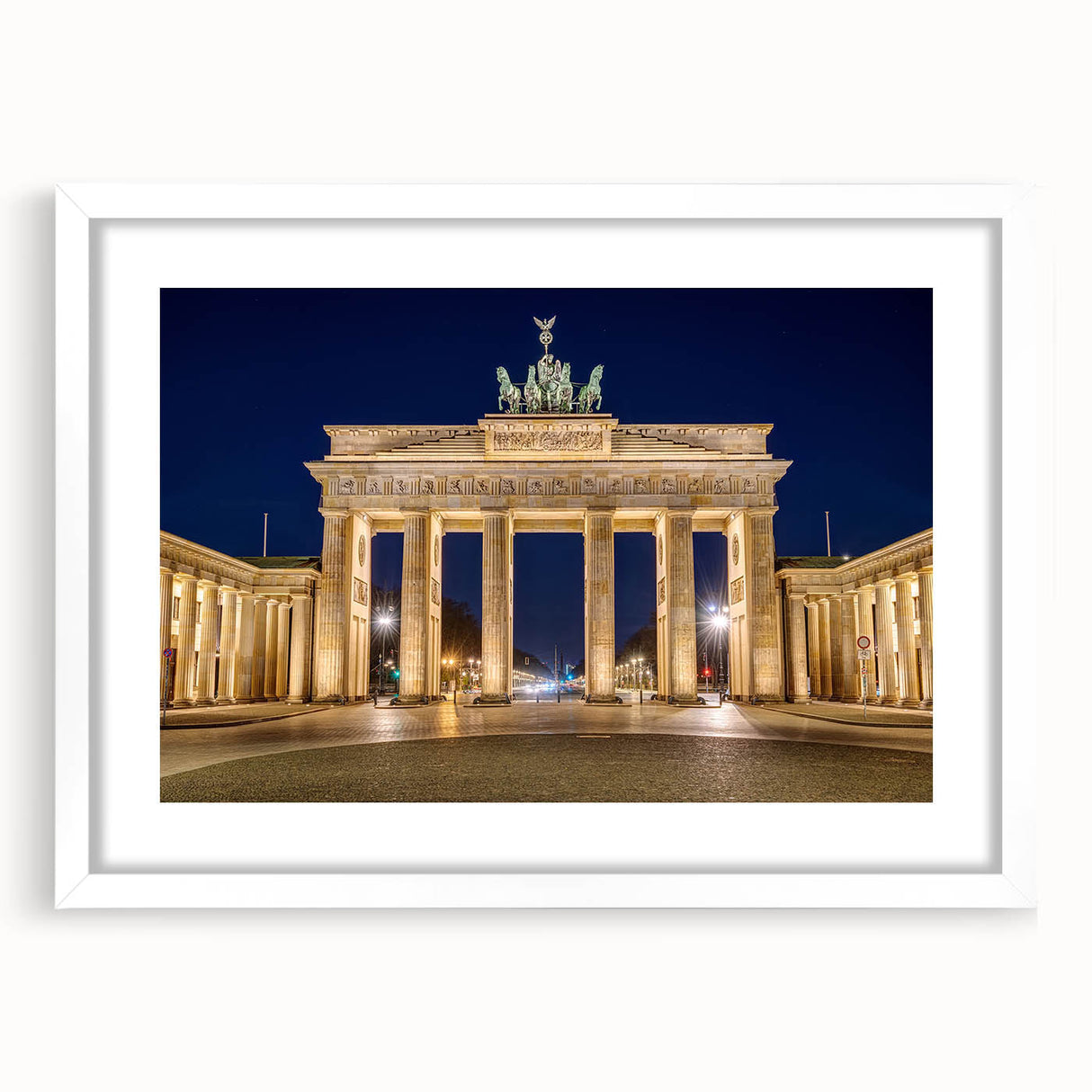 Abstract art print of Berlin skyline in muted gray and blue tones on a framed white mat, suitable for dining room decor.