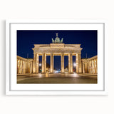 Abstract art print of Berlin skyline in muted gray and blue tones on a framed white mat, suitable for dining room decor.