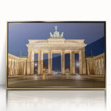 Mid-century modernist style depiction of Berlin skyline in muted gold and gray tones on a framed acrylic print.