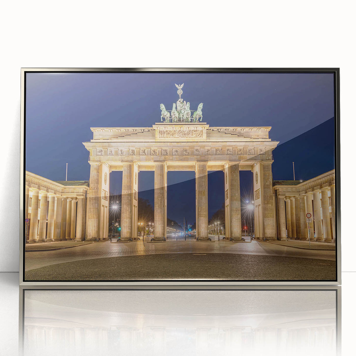 Mid-century modernist art of Berlin skyline in muted gray, acrylic print framed in silver.