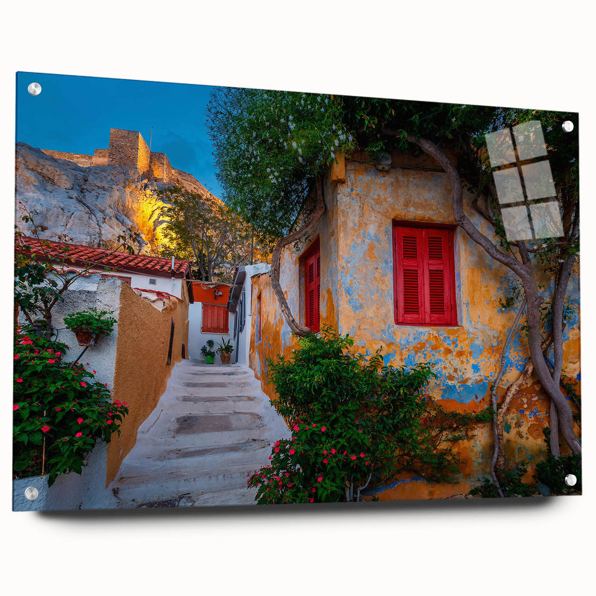 Acrylic print of Athens scenery with vibrant blue and white tones, suitable for dining room or bedroom decor.