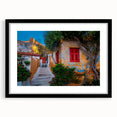 Colorful abstract art print of Athens scenery on textured canvas, framed in black, ideal for living room decor.